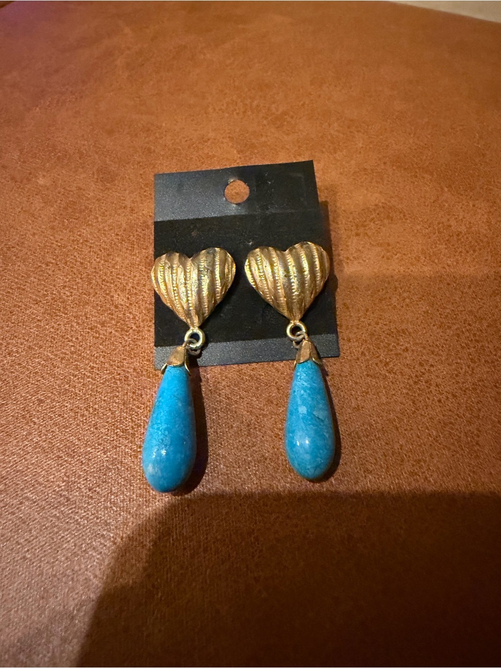 Vintage Gold-Tone Ribbed Heart & Turquoise Teardrop Dangle Earrings